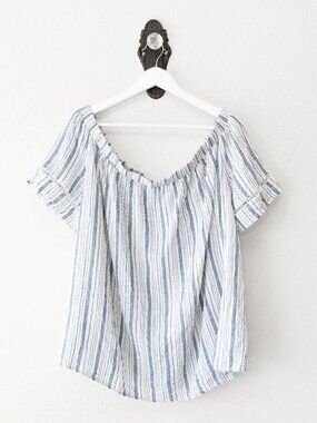 Ava Viv 1X Off Shoulder Top Blue White Stripe Linen Blend Boho Plus Size